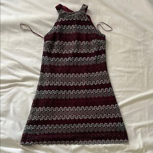 Elegant Burgundy and Gray Patterned Dress